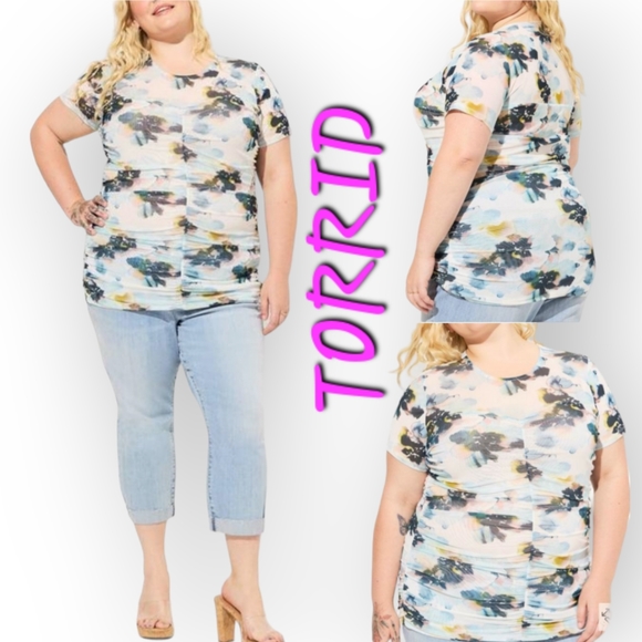 torrid Tops - TORRID Stretch Floral Mesh Crew Neck Ruched Top Blouse